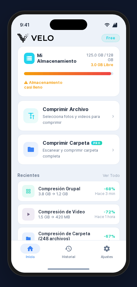 App Velo mostrando el almacenamiento del dispositivo, la compresión de fotos y videos y los resultados recientes